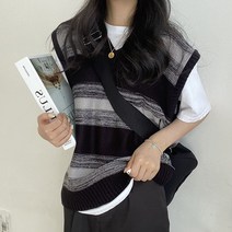 스윗라떼 남녀공용 오버핏 유니크 스트라이프 믹스 루즈 니트 조끼 2color