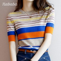 나바바 NK1236 여성 단가라 배색 포인트 반팔 니트티