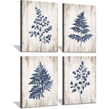 Hardy Gallery 나뭇잎 벽 아트 캔버스 프린트: 소박한 나무 질감 스타일 배경 식물 양치 잎 다크 블루 아트, 01 캔버스