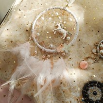 차차미 좋은 꿈 행운 예쁜 유니콘 구슬 깃털 마크라메 드림캐쳐 DIY 만들기 재료 키트 DIY 세트, D.보라 깃털(완성품)