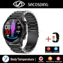 스마트 워치 남성용 ECG PPG 스포츠 360x360 HD 화면 혈당 심박수 혈압 모니터 온도계 신제품, 9.Steel Black - Blood oxygen