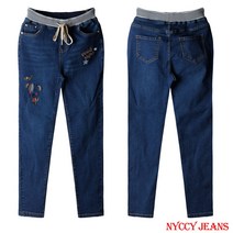 니키진 여성 봄가을 귀여운 캐릭터 자수 빈티지 청바지 1006
