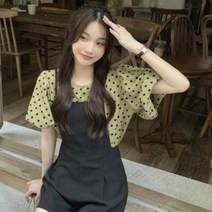 셀러허브(잡화) 여자 도트 배색 라운드 퍼프 반팔 블라우스