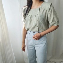 러빙엠 스퀘어넥 사각 코튼 반팔 유니크한 언발 단추 네모 카라 블라우스