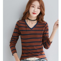 패션디바 여성용 가을 심플 브이넥 스트라이프 긴팔티 긴소매