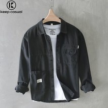 Keep Casual 남자 캐주얼 면 긴팔 셔츠 루즈핏 카고 남