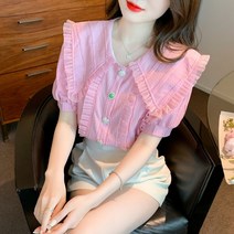 여름 헤비 수술 인형 칼라 레이스 셔츠 블라우스 프릴 가디건 반팔 상의