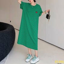 잇츠스타일 [L-3XL] 빅사이즈 롱티셔츠 스트라이프 딸기 그린 반팔 원피스