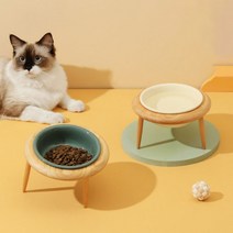 펫트너스 UFO 강아지 밥그릇 고양이 식기 세라믹 도자기 원목 높이 조절, 소형, 화이트