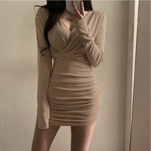[예쁨시전] V넥 슬림핏 긴팔 주름 원피스