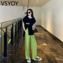 vsyoy 외국 스타일 연령 감소 정장 여성 여름 크기 지방 mm 캐주얼 스플릿 티셔츠 매달려있는 넓은 다리 바지 슈퍼 파이어 투피스 세트