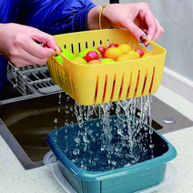 다기능 플라스틱 물빠짐 바구니 채반 과일 야채 채소 보관 세척 더블 채반 소쿠리 4색, 핑크