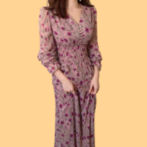 플라워 쉬폰 롱 원피스 브이넥 H라인 긴팔 봄 가을 핑크