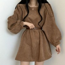 [랜덤플레이] 라운드넥 어깨 퍼프 A라인 코듀로이 원피스