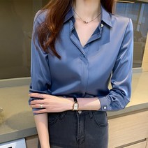 여성용 긴 소매 새틴 블라우스 2021 정장 셔츠 숙녀 사무복 탑스 블루 블랙 그레이 여성 의류 블라우스 FEMME
