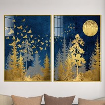 아트블루 걸어두면 돈 들어오는 황금 나무 숲 풍경화 액자, 3_황금나무숲 나비+달풍경_2개세트