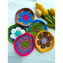 손뜨개 티코스터 5p 세트 컵받침 코바늘 홈카페소품 크로쉐 프랑스자수, A(찐보라/다홍/하늘/노랑/파랑)