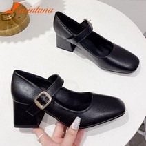 스퀘어 빈티지 버클 메리 진 2023 유럽 두꺼운 하이힐 우아한 펌프 봄 여름