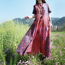 린넨 원피스 마 빅사이즈 롱 리넨 여성용 코튼 여름 랜덤 패치워크 보헤미아 드레스 빈티지 프린트 반팔 여성