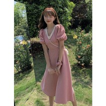 키작녀원피스 지지미 여름 체크 브이넥 퍼프 소매 원피스 77사이즈