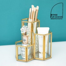 풀커버링 골드육각3구 브러쉬 꽂이 연필 홀더 정리 보관 메이크업 화장품 정리 수납 보관함, 골드 육각3구 브러쉬정리함