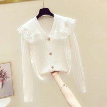 여성용 레이스 레이어드 빅카라 블라우스 니트티 가을 겨울 공주처럼