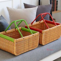 라탄 바구니 컬러 포인트 손잡이 피크닉 바스켓 수납 다용도 정리 소품 박스 예쁜 정리함, 그린