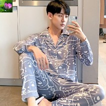 (미인전매) 도매 남성 잠옷 춘추형 긴팔 우유 실크 만화 청소년 여름철 얇은 홈웨어 세트, 남자 3XL 사이즈 [권장 160~180근], 3301#블루
