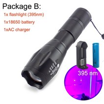 365nm 395nm 고출력 UV Led 손전등 줌 형광 Blacklight 자외선 18650 플래시 램프 라이트 감지 용 토치, 배터리로 395nm