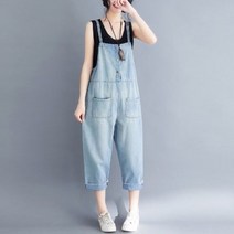 YI MING 여성 청멜빵바지 빈티지느낌 미데님 멜빵바지 오버롤 점프수트 빅사이즈 와이드 멜빵 팬츠F310