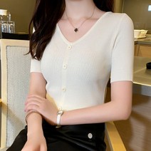 아로하스타일 브이넥 골지 반팔니트티 가디건티 A069 반팔 티셔츠