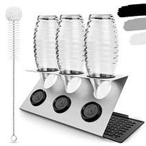 LICHTENWERK 스테인리스 스틸로 만든 SodaStream용 프리미엄 병 홀더 [STEELDRY - The Original] - Soda Stream Crystal Easy Fuse Emil 등을 위한 드립 홀더. + 물통브러쉬&배수매트 3병 -22880, 스테인레스 스틸