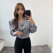VANANA2 여성 페미닌 오픈 카라 체크 크롭 자켓 블라우스