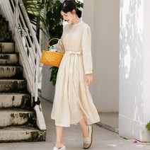 여자 여름 린넨 셔링 스트랩 롱 원피스