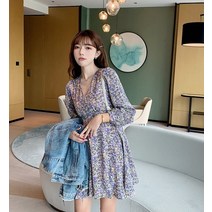 리리스 플라워 꽃무늬 키작녀원피스 보라색 가을 쉬폰 미니 원피스 키작은여자쇼핑몰 르뚜앙