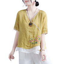 셀럽당 여성 면마 브이넥 반팔 개량한복 상의