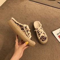JAR 여성 캔버스 블로퍼 슬리퍼 레오파드 스트링 컷팅 발편한 플랫 슈즈 신발 여름