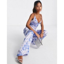 점프슈트 점프수트 Topshop 브라 버튼 백 타이 다이 블루 새틴