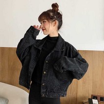 여성 청자켓 여자 크롭 가을 블랙 데님 짧은 자켓 느슨한 싱글 브레스트 버튼 포켓 시크