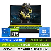 [사은품 증정!] MSI 크로스헤어17 B12UGSZ 12세대 고사양 배그 롤 게이밍 노트북 (코어i7-12700H/RTX3070Ti), CROSSHAIR 17 B12UGSZ, 윈도우 포함, 16GB, 512GB, 코어i7, 블랙