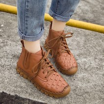 도오빠 꽁피뛰르 여성 가죽 앵클 부츠 레이스업 워커 플랫 첼시 여자부츠 가을 겨울 발편한 신발