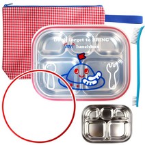 브링미 아동용 스텐 식판 도시락 세트, 도시락 + 가방 + 교체용 추가 실리콘 + 세척솔, 레드 우주선