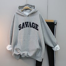 여성용 긴팔티 빅사이즈 SAVAGE 오버핏 기모 후드 맨투맨