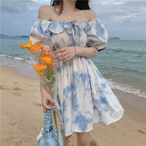 퐁순싸롱 스퀘어넥 오프숄더 프릴 나염 스모크 미니 원피스 SY