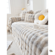 소파가죽갈이 가죽소파천갈이 쇼파덮개 교체 매트 호환 두툼한 쇼파천갈이 쇼파천커버 타월, 180x380cm【4인 이상에게 적합】, 융화-그라데이션쌀[고극중도톰토끼털]