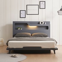상일리베가구 마일드 LED조명 침대+독립 매트리스 세트 SSQK, 다크그레이