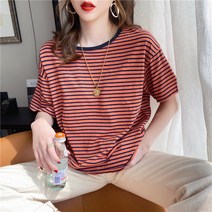 반팔단가라티셔츠 스트라이프티셔츠 여성 여름 와이드 루즈핏 얇은 디자인감각 보이핏 볼륨 순 핫 저고리 2665463136