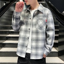 DFMEI 남자 긴팔 셔츠 체크 루즈핏 홍콩 건달 셔츠외투 남성복 위에 상의를 걸치다.