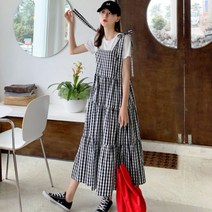 여성 프렌치 빈티지 체크 나시 멜빵 케이크 원피스 로맨틱 캐주얼 프릴 리조트룩 스커트