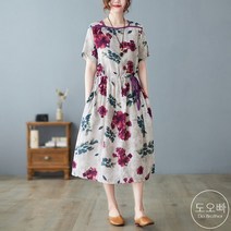 도오빠 여성 반팔 롱 원피스 라운드 플라워 맥시원피스 루즈핏 여름 꽃무늬 플레어 여자원피스 프리사이즈 의류